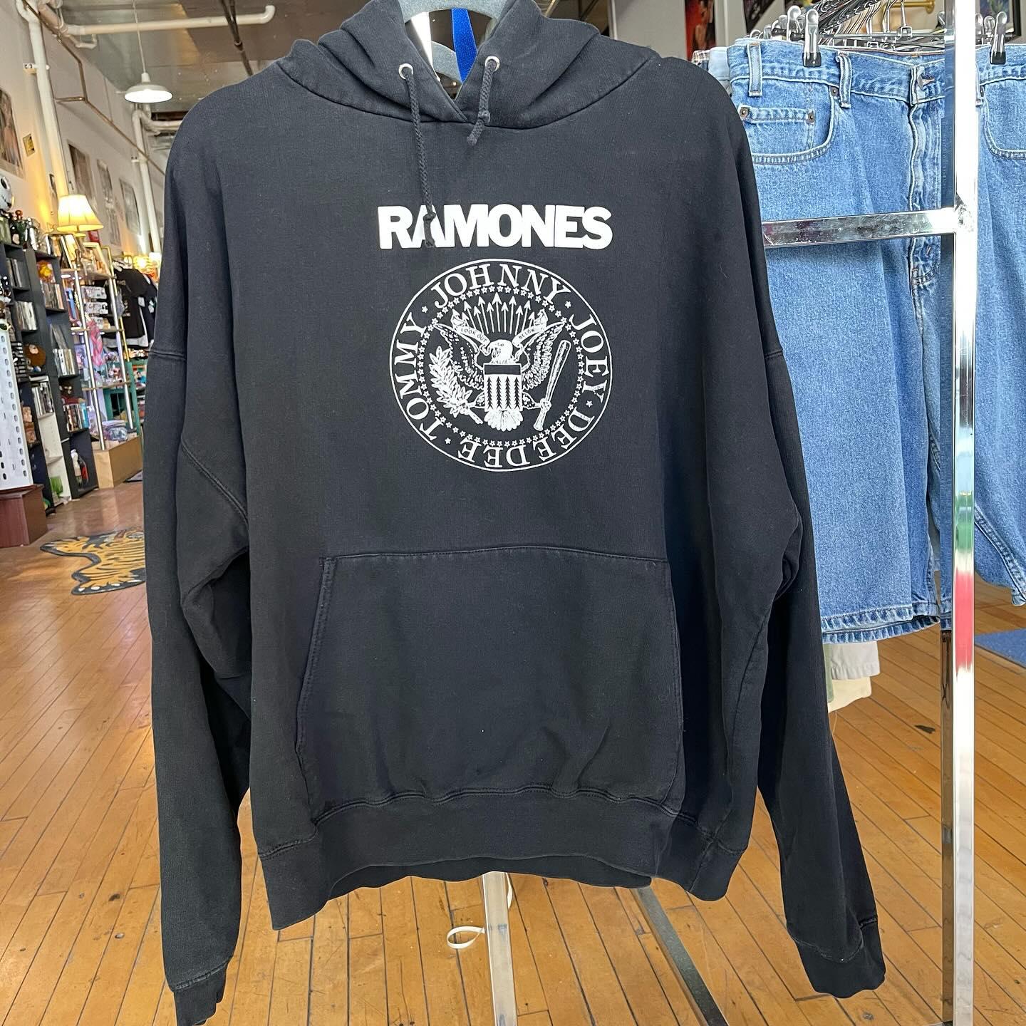 Black Ramones hoodie displayed in shop