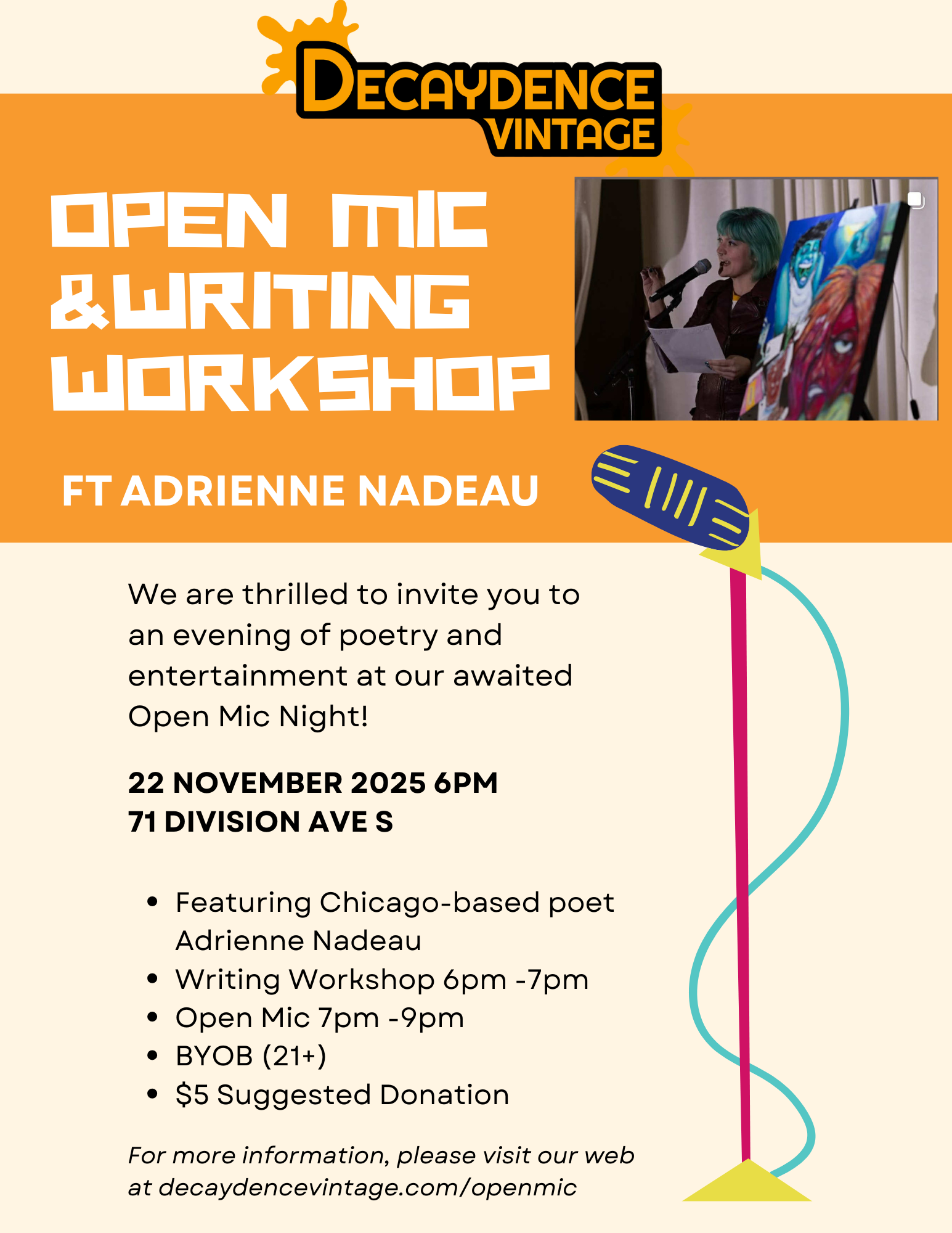 Open Mic & Writing Workshop flyer featuring Adrienne Nadeau